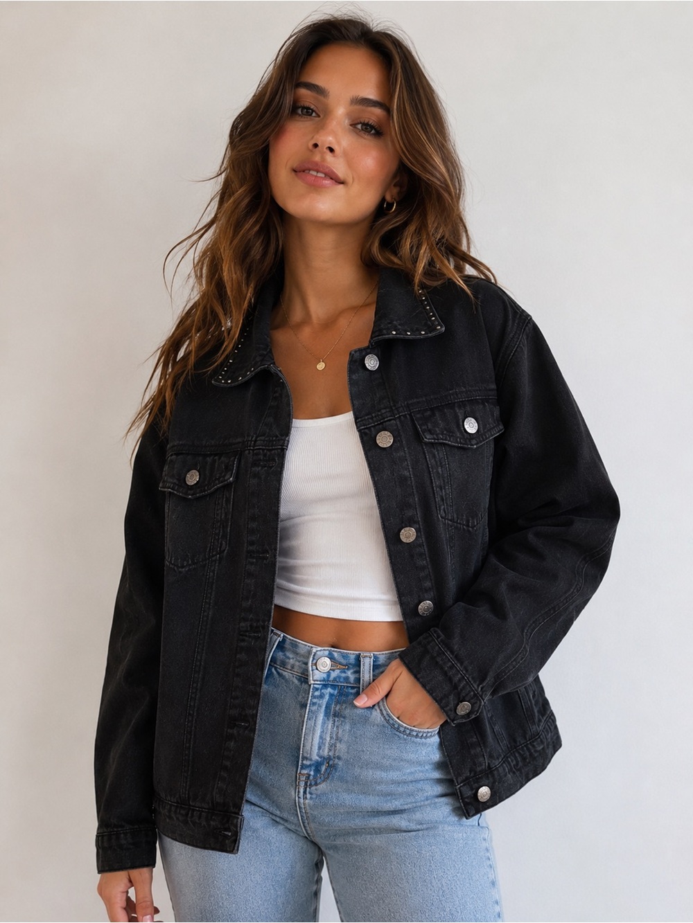 GUESS Black Studded Denim Jacket Women’s XS | Classic Trucker Jean Jacket | Edgy
